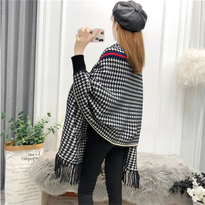 James Checkers Striped Shawl Poncho with Arm Holes And Pocket